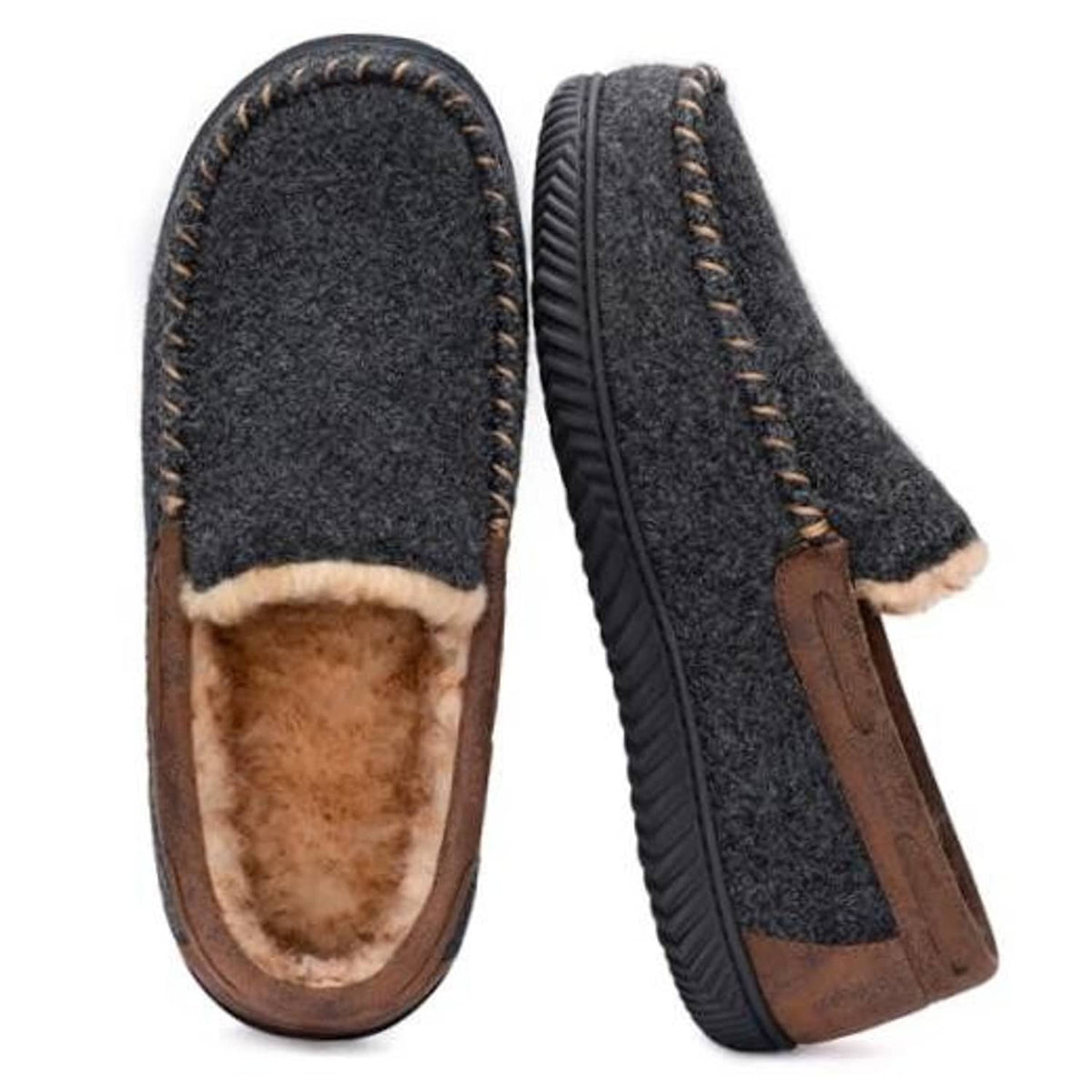 Men's moc slipper, dark charcoal knit with tan fleece lining and brown strap