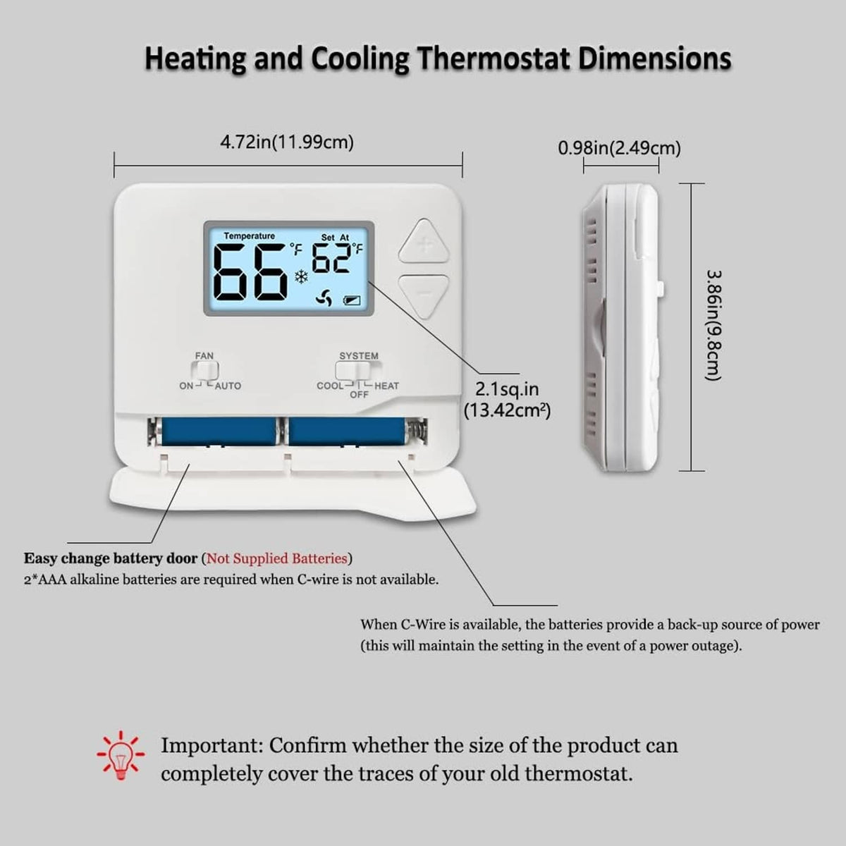 Thermostat dimensions diagram with front and side measurements in inches and centimeters