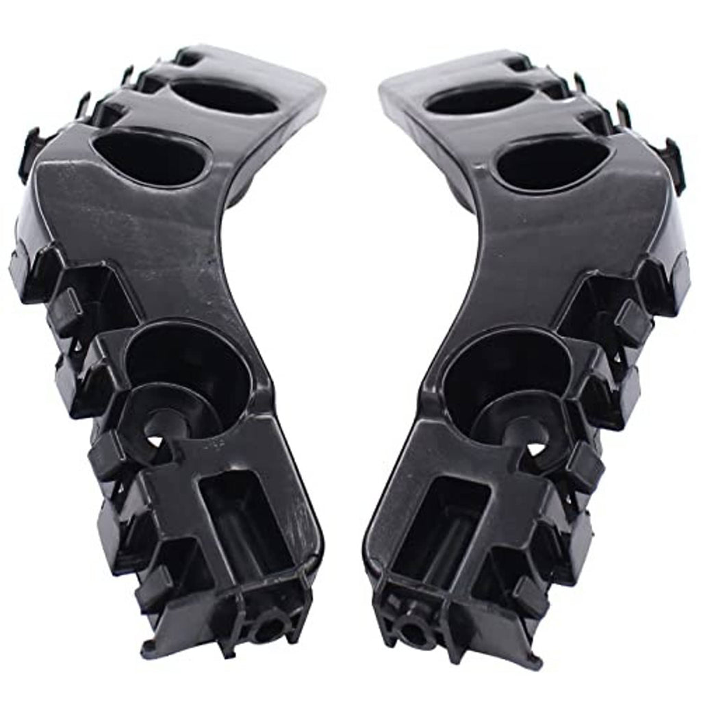 Pair of front bumper bracket retainer mounts, black plastic, rear mounting ends
