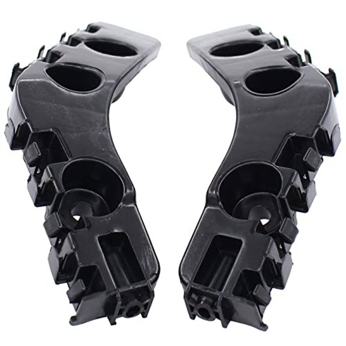 Pair of front bumper bracket retainer mounts, black plastic, rear mounting ends