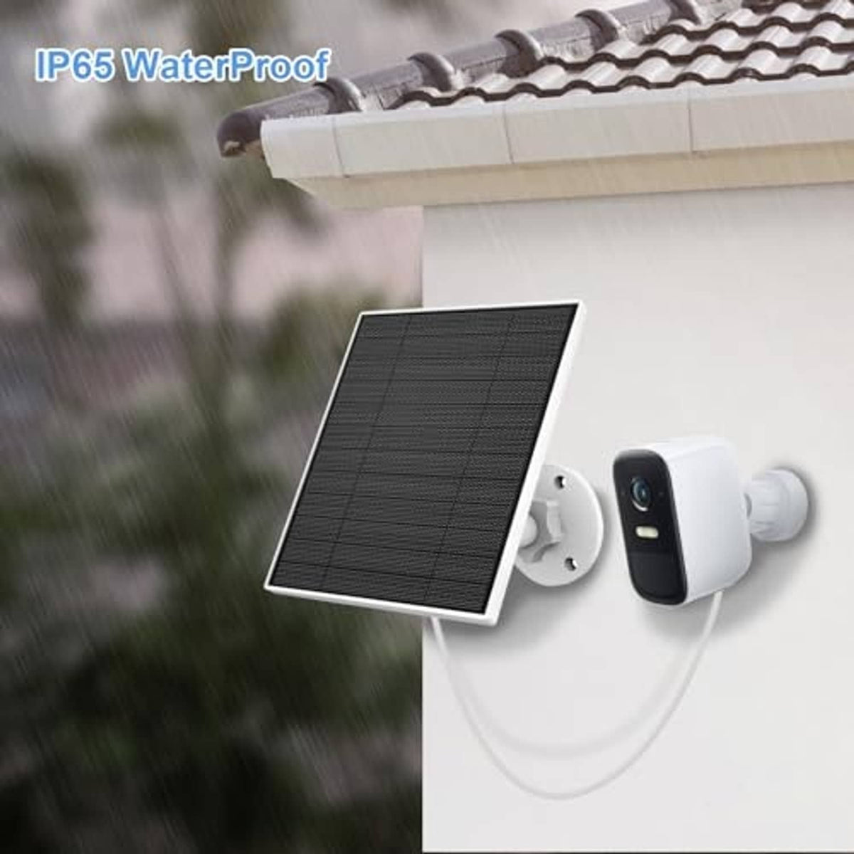 Solar panel charger with dark panel and wired mount beside outdoor security camera