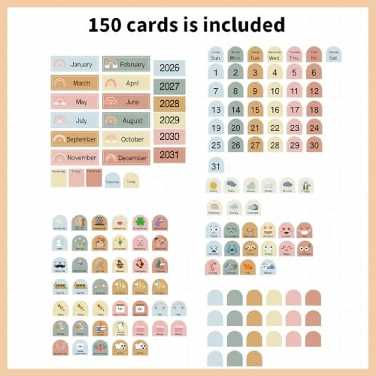 Calendar pocket chart set with 150 date card inserts and month/day pocket pieces