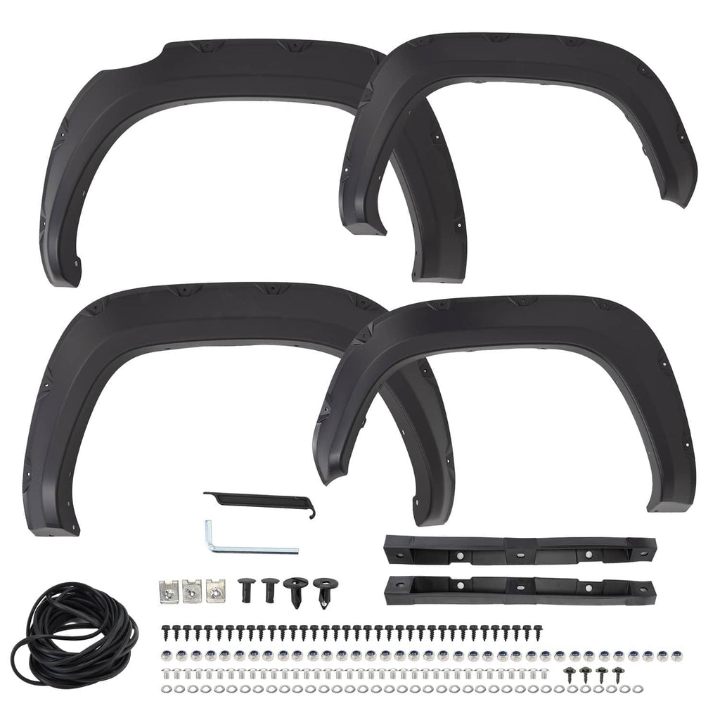 Black wheel fender flares kit with screws, bolts, brackets, and bundled cable