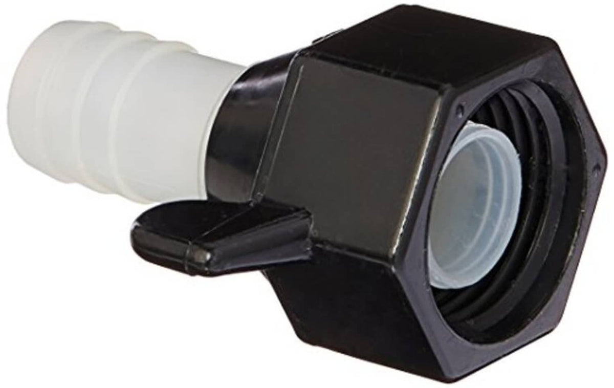 Straight barbed wingnut fitting with black hex body and white tubing barb