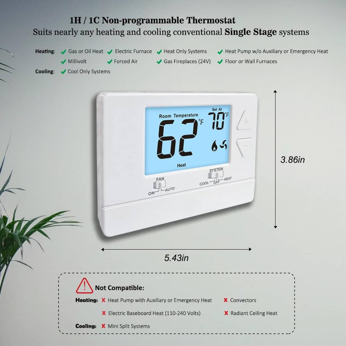 White digital thermostat with blue display showing room temperature and set point