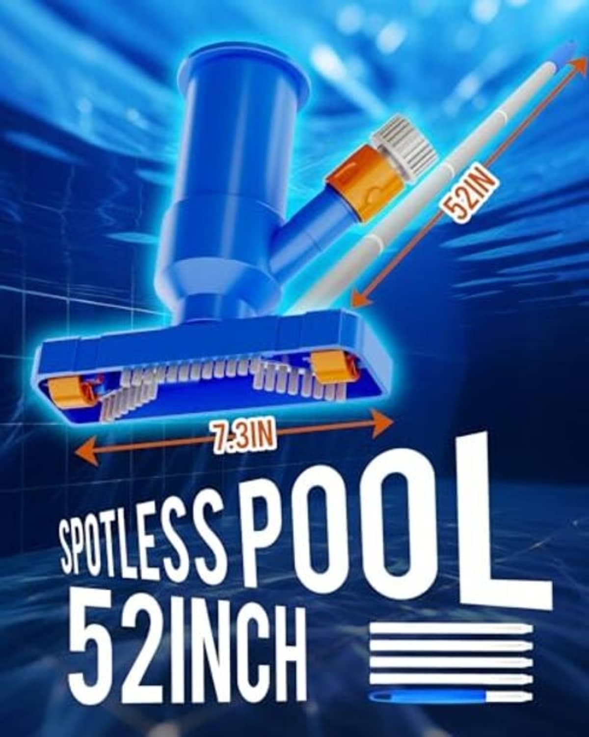 Blue pool vacuum cleaner with orange jet insert and wide bristle cleaning bar