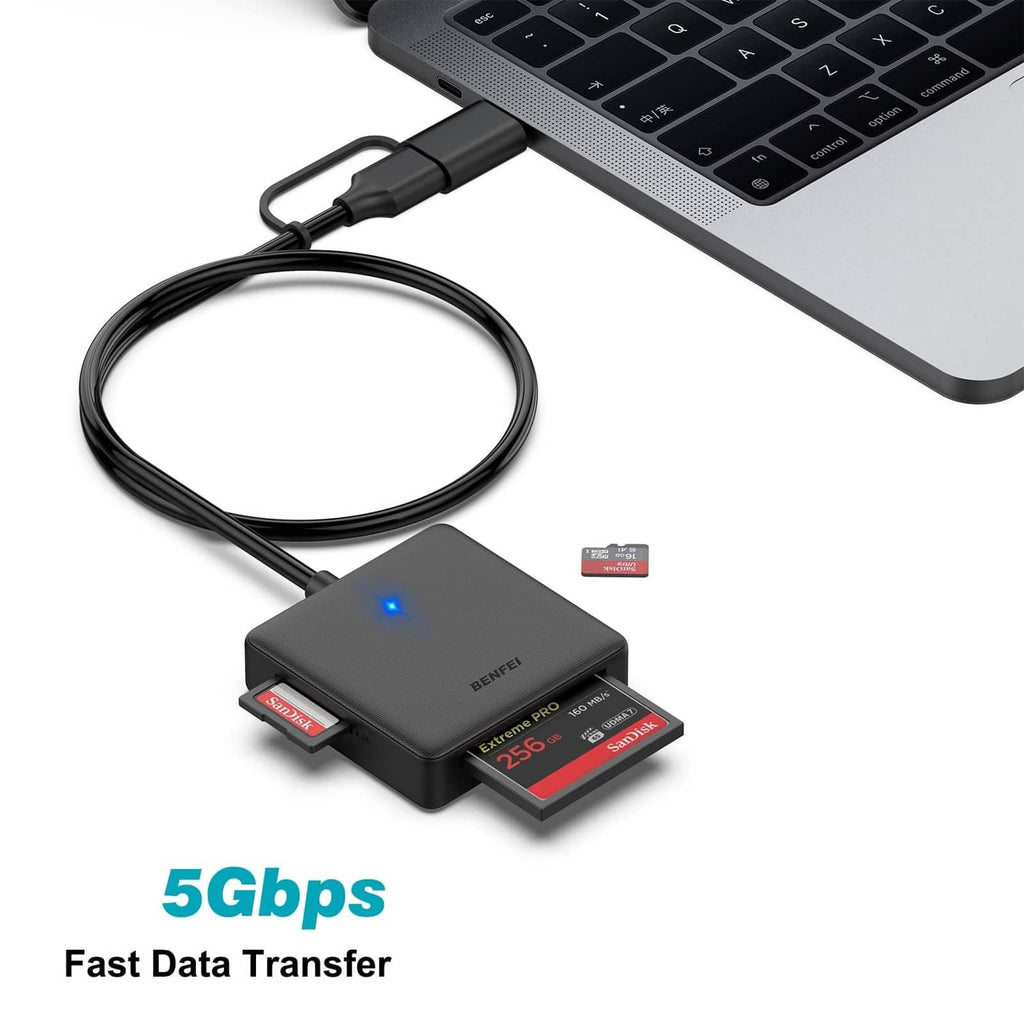 Benfei 4-in-1 card reader connected to a laptop, black reader with cable and cards