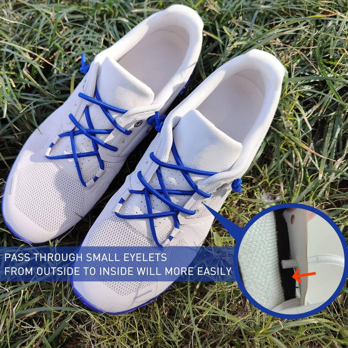 Elastic blue shoe laces on white sneakers with close-up of lace threading eyelets