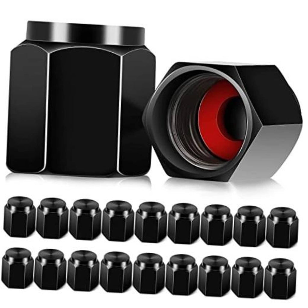 Hexagon tire valve caps set: black aluminum caps with angled view and multiple pieces