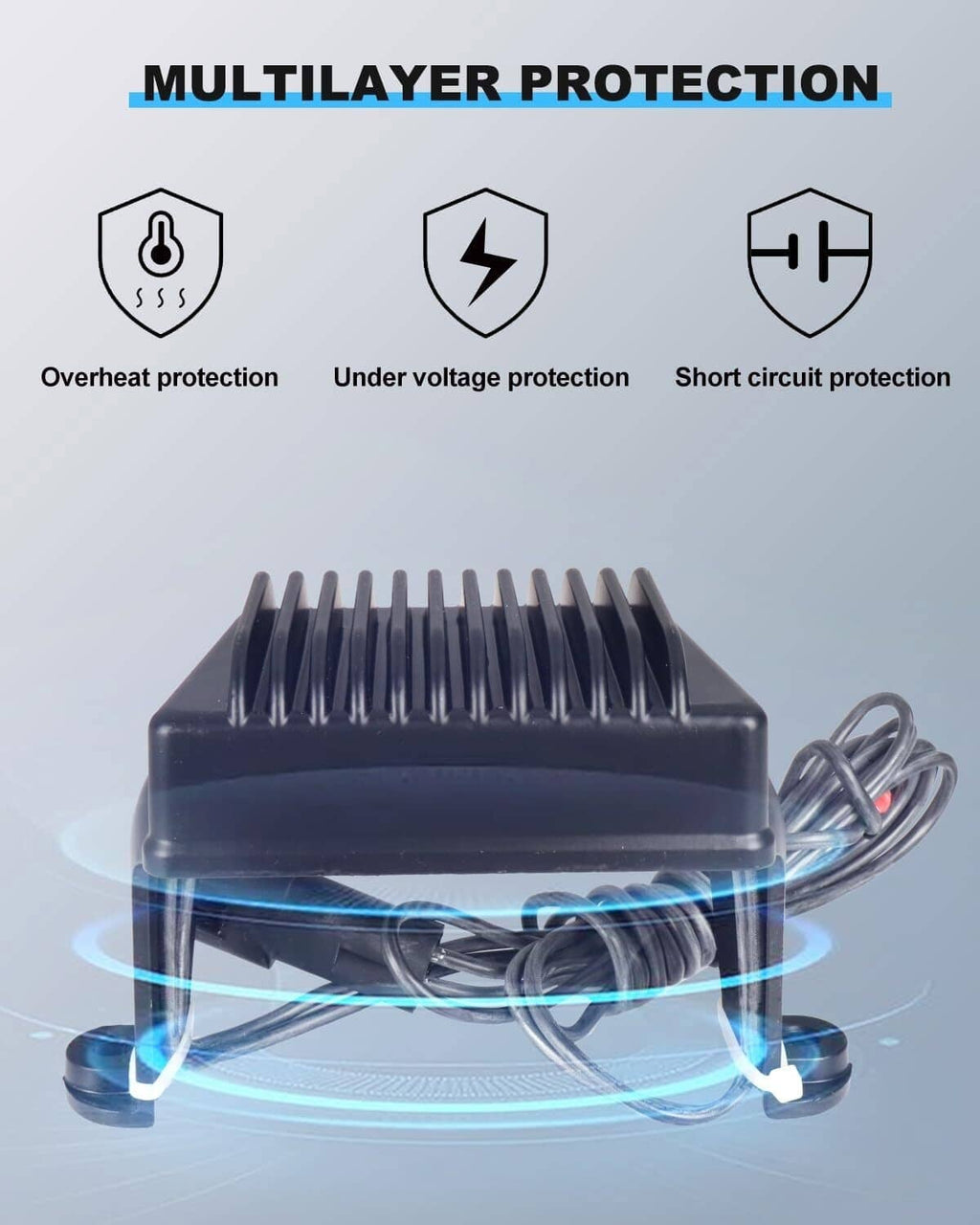 Black voltage rectifier regulator with finned top and bundled electrical wires