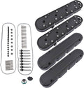 Set of black valve covers with coil mounts and included mounting hardware pieces