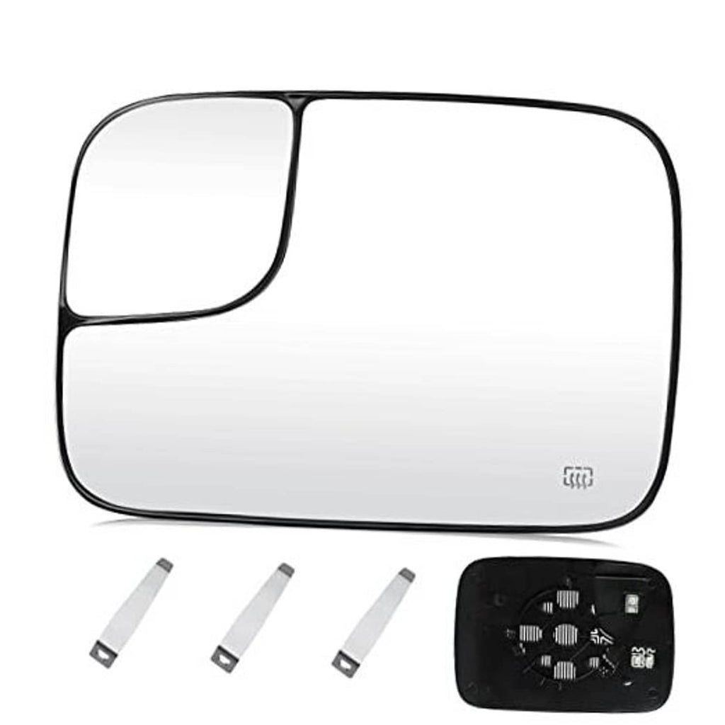 Heated driver-side left mirror glass, clear lens with black trim and defrost symbol