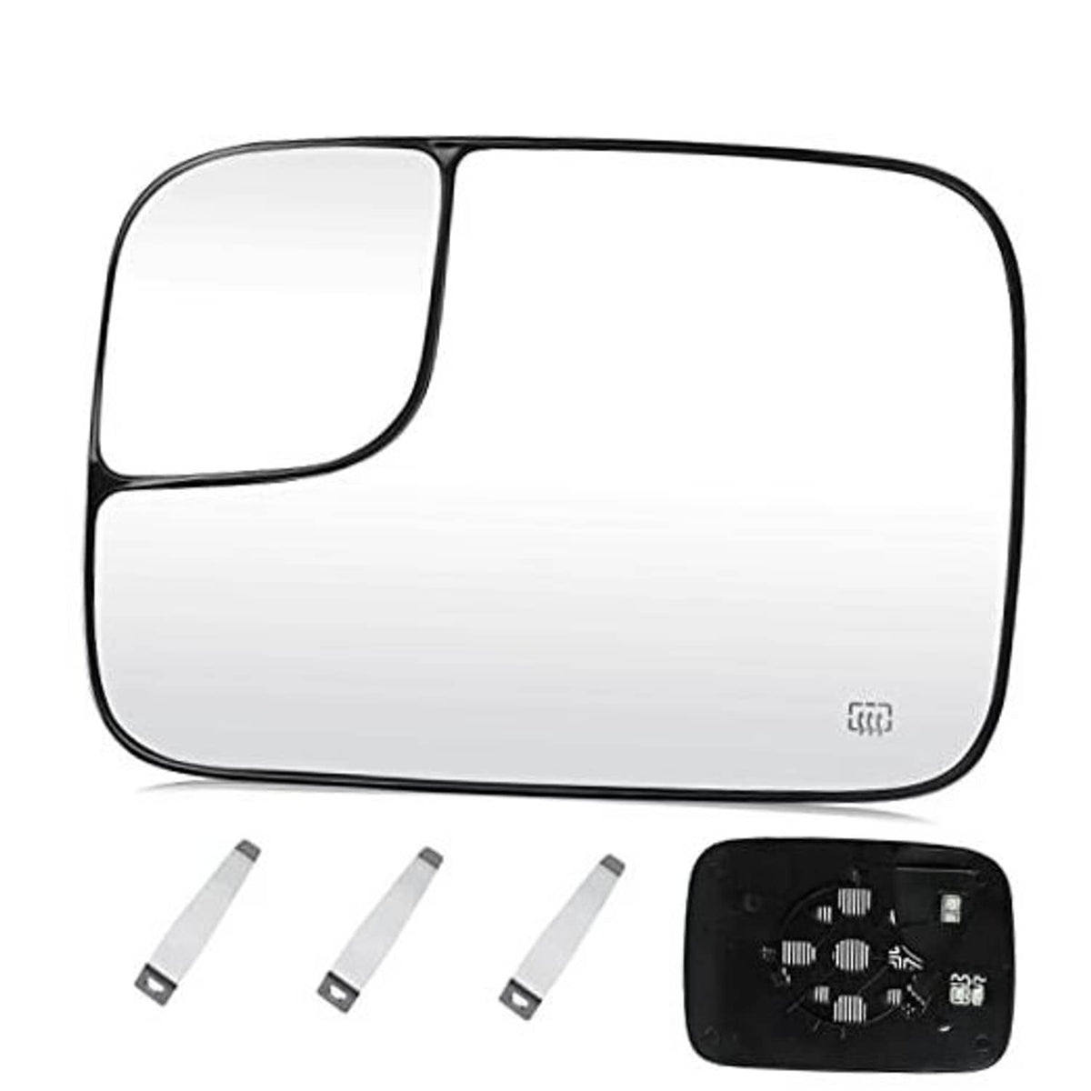 Heated driver-side left mirror glass, clear lens with black trim and defrost symbol
