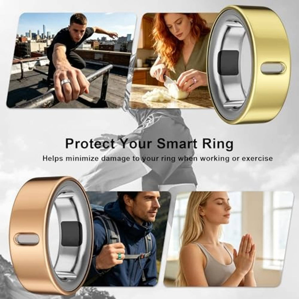 Protective ring cover in gold with open center window and side button cutout