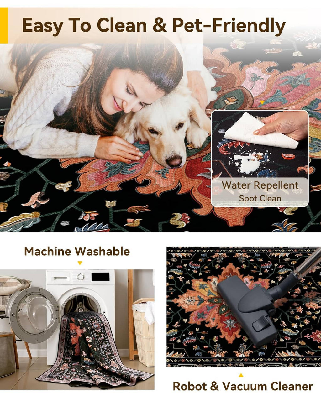 Black area rug with multicolor floral pattern, spot-clean and machine-wash feature icons