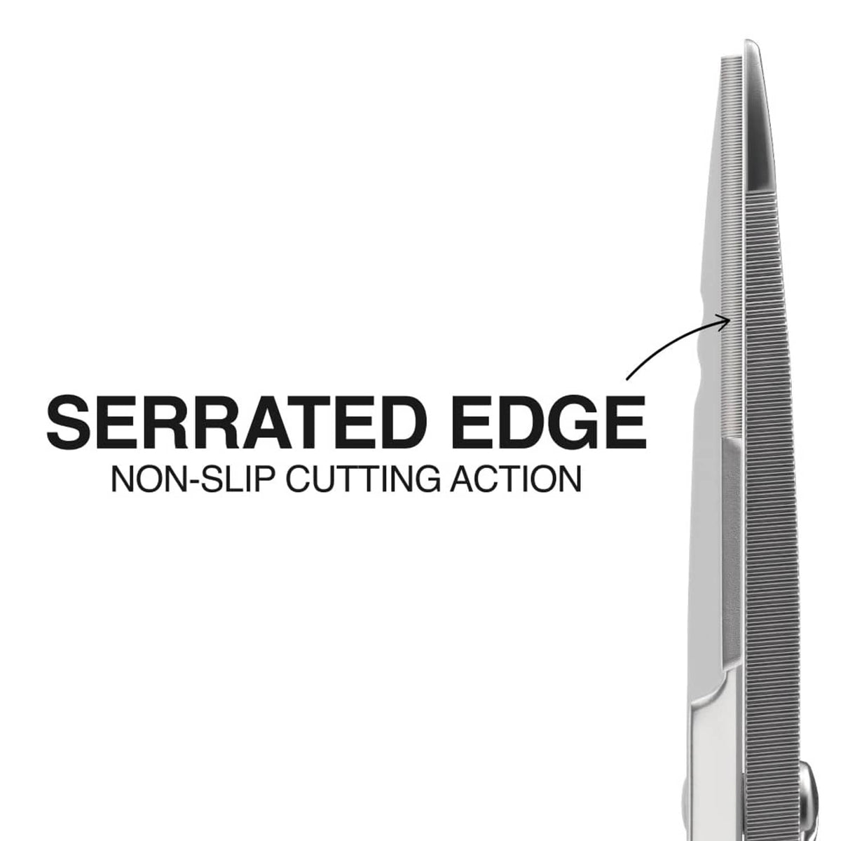 Precision scissors with serrated blade edge for non-slip cutting action
