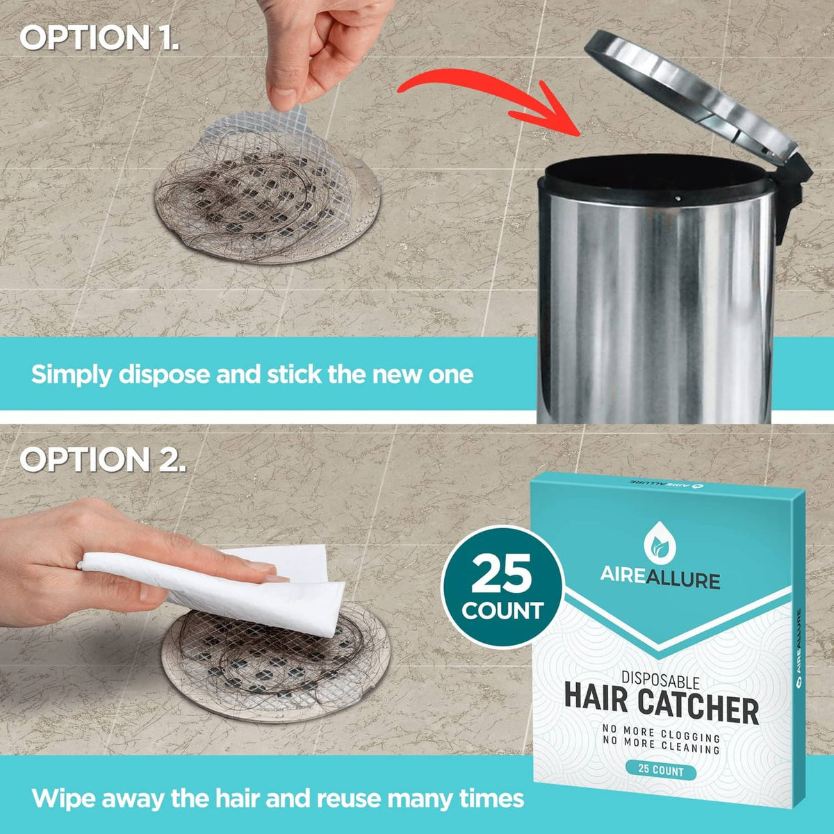 White mesh hair catcher with option to dispose or wipe and reuse on a drain