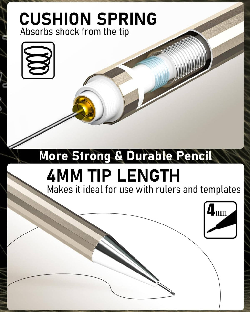 Mechanical pencil with 4mm tip length and cushion spring retract mechanism