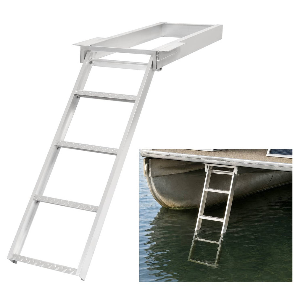 4-step aluminum under-deck boat ladder, silver frame with wide rungs and top mount