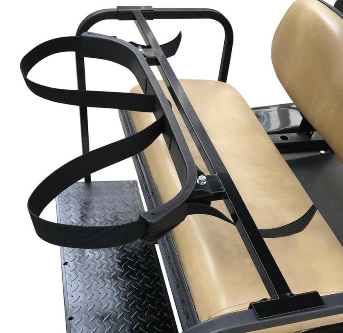 Black bag holder bracket and two straps mounted on a cart seat platform