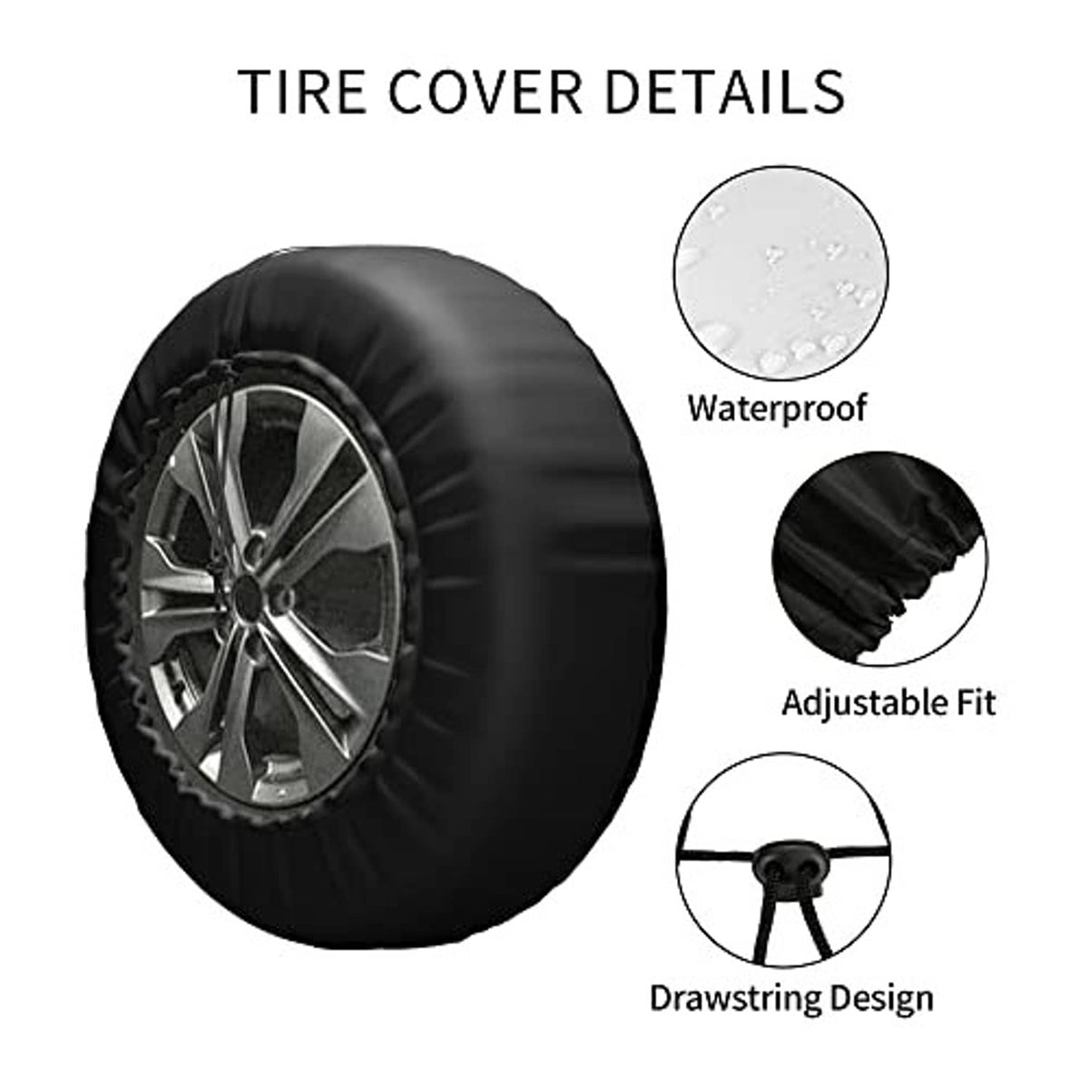 Black spare tire cover details: wheel opening, waterproof, adjustable fit, drawstring