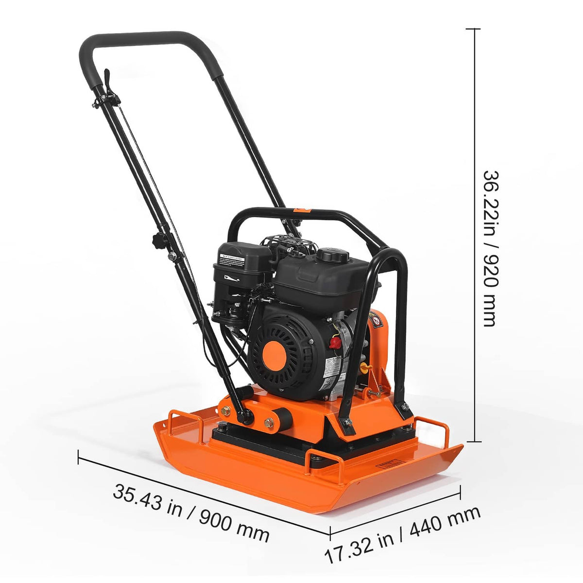 Orange plate compactor side view with black handlebar and engine