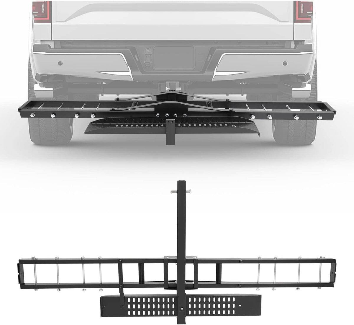 Hitch mount motorcycle carrier rack with extended side rails and front wheel tray