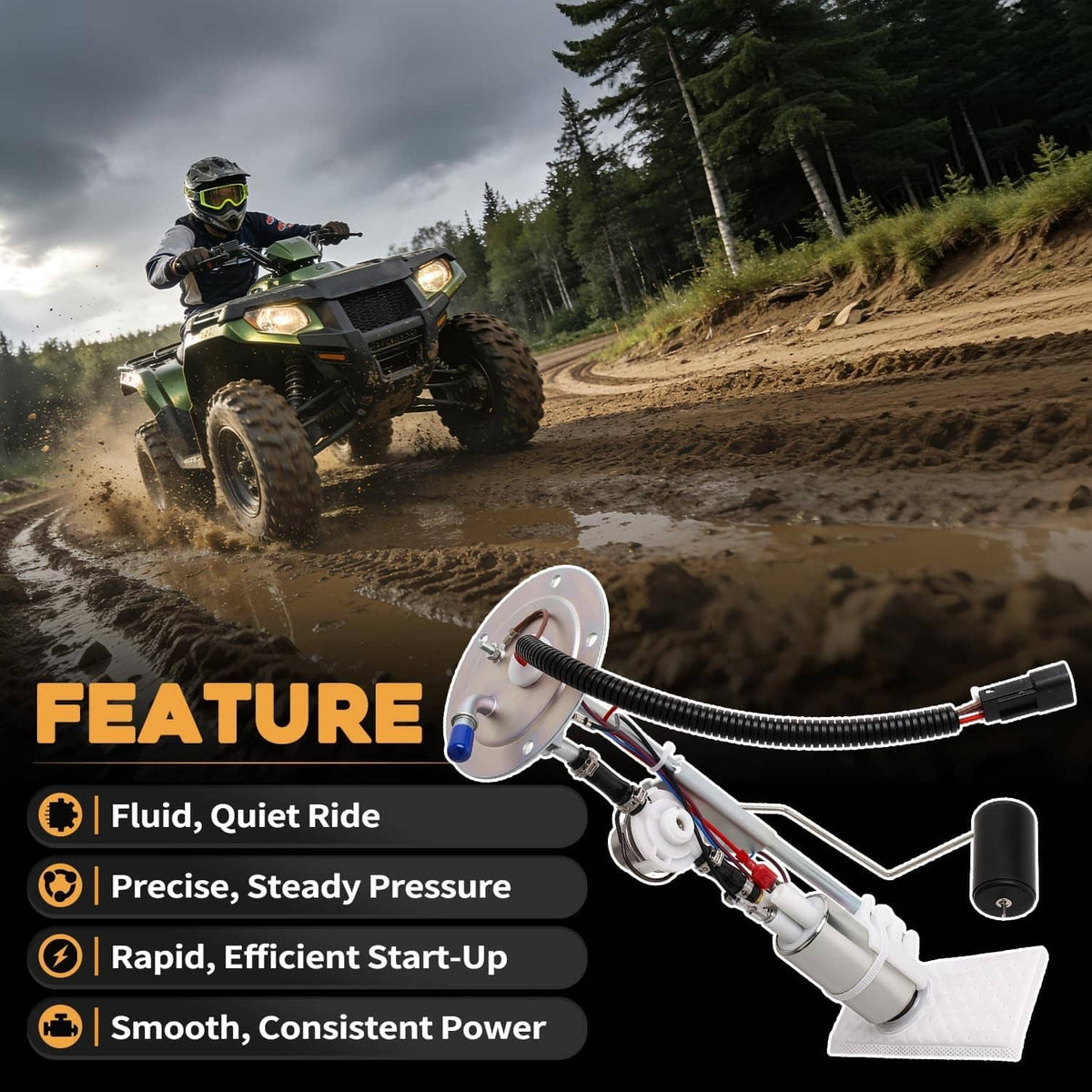 ATV-mounted fuel pump module with metal float and fuel level sensor