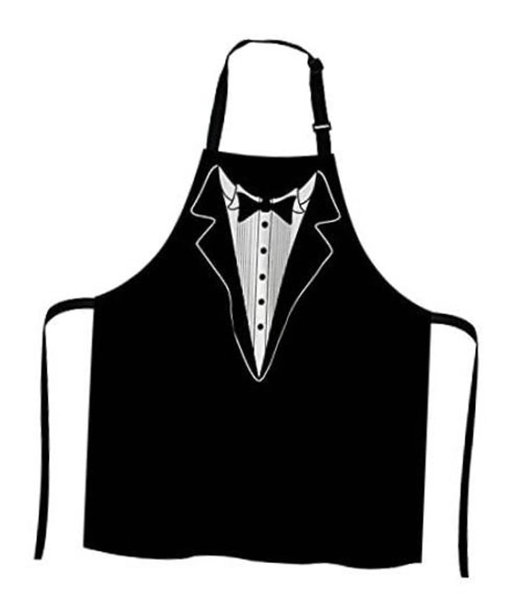Black BBQ apron with tuxedo-style bow tie and lapel print on the bib.