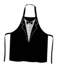 Black BBQ apron with tuxedo-style bow tie and lapel print on the bib.