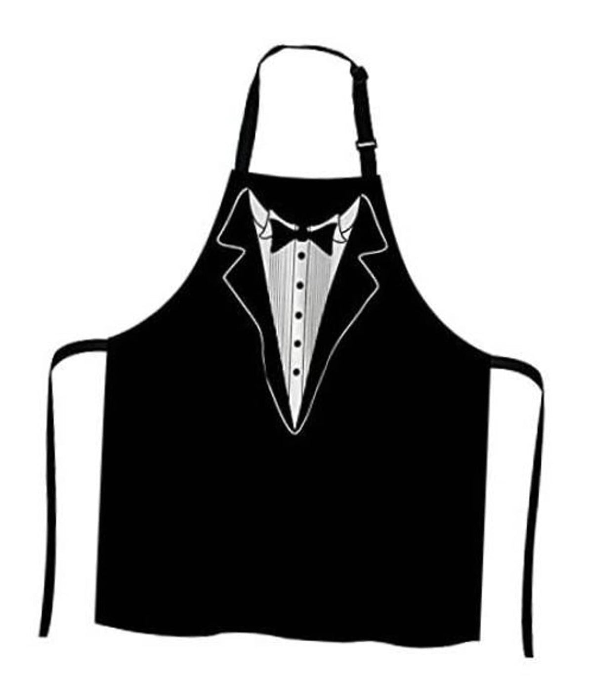 Black BBQ apron with tuxedo-style bow tie and lapel print on the bib.