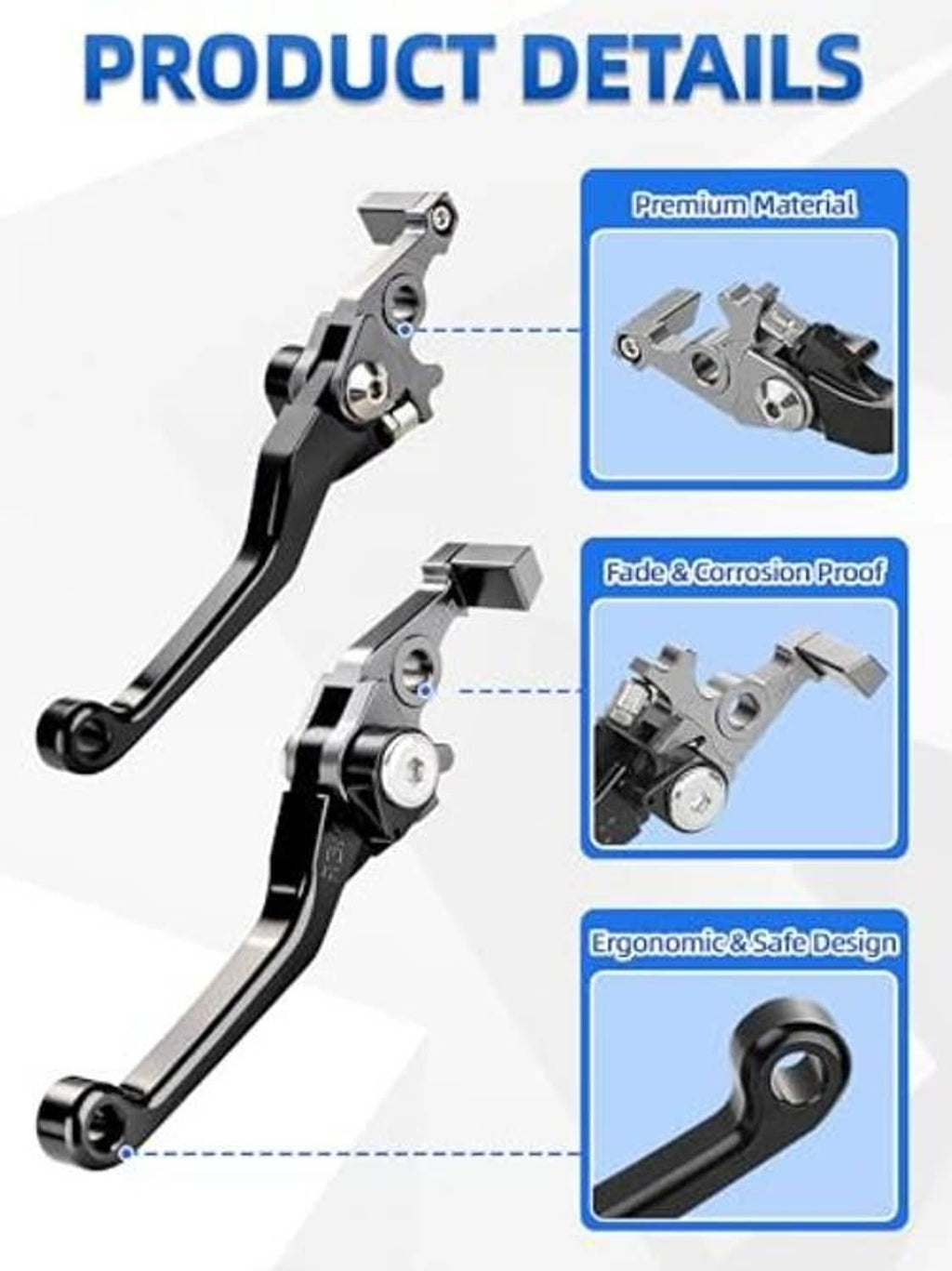 Adjustable brake and clutch levers with clamp and pivot hardware, silver and black
