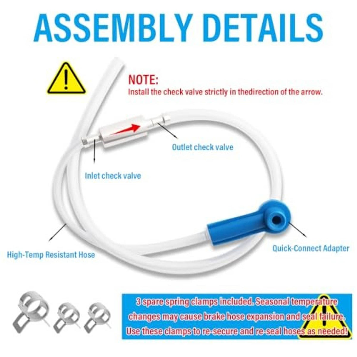 Brake bleeder hose with inlet and outlet check valves and blue quick-connect