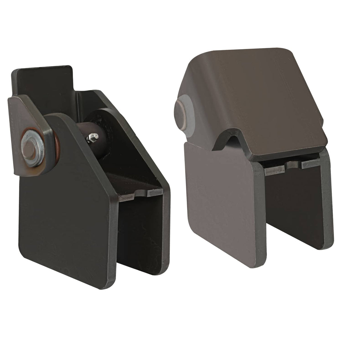 Heavy-duty weld-on trailer hinge bracket set, dark steel with mounting bolts