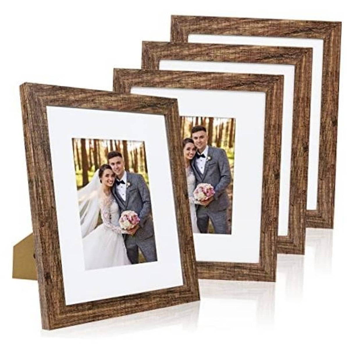 Set of 4 rustic brown picture frames with white mat, real glass, and portrait photos