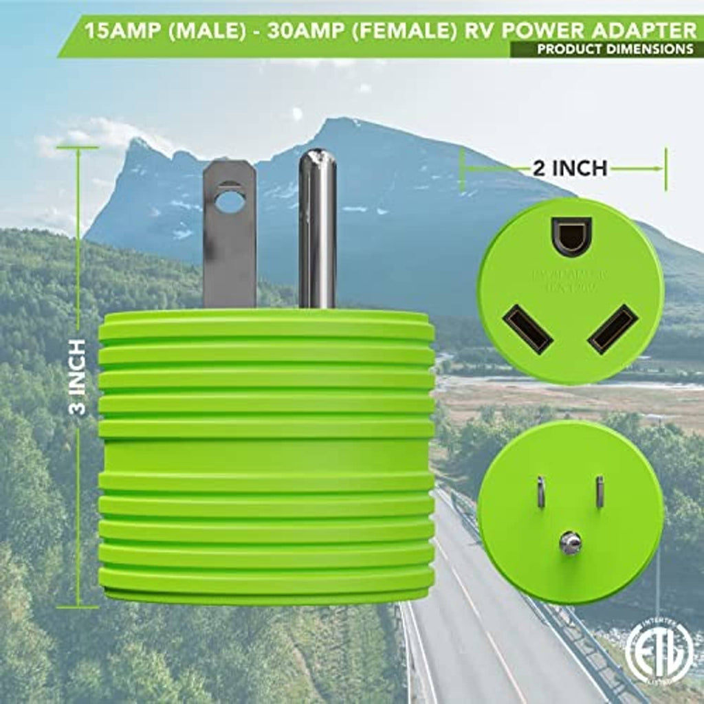 Green RV power adapter with compact cylindrical housing and dual connector faces
