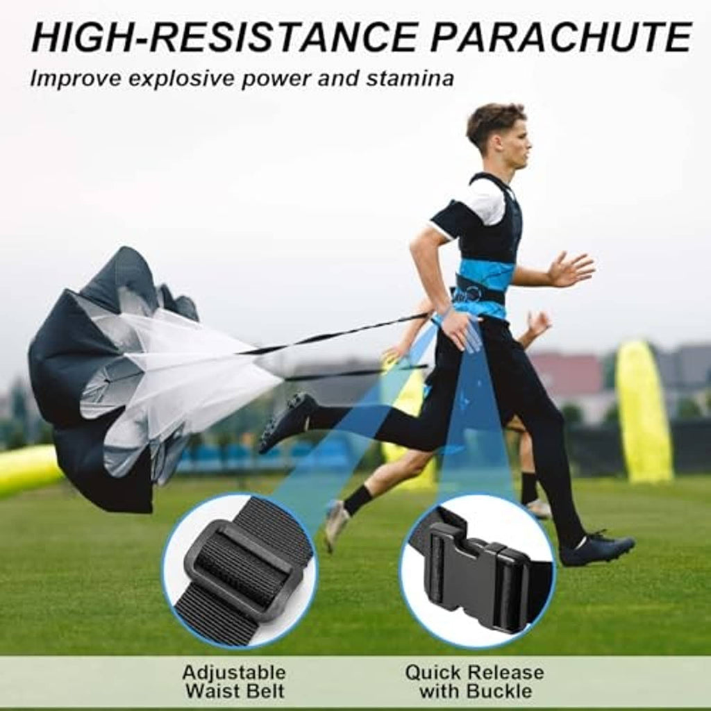 High-resistance training parachute with adjustable waist belt and quick-release buckle