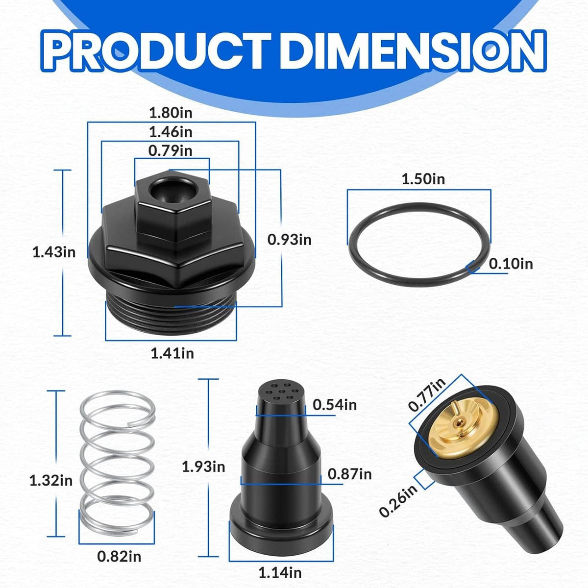 Thermostat and cover kit dimension graphic with black cover, O-ring, spring, thermostat