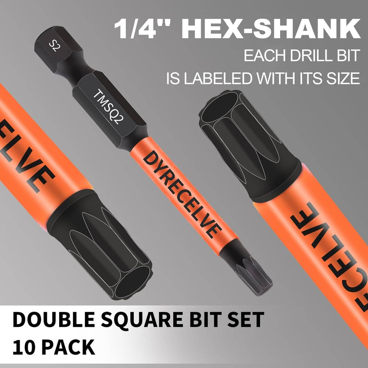 Double-square bit set with hex shanks; black double-square tips on orange shafts