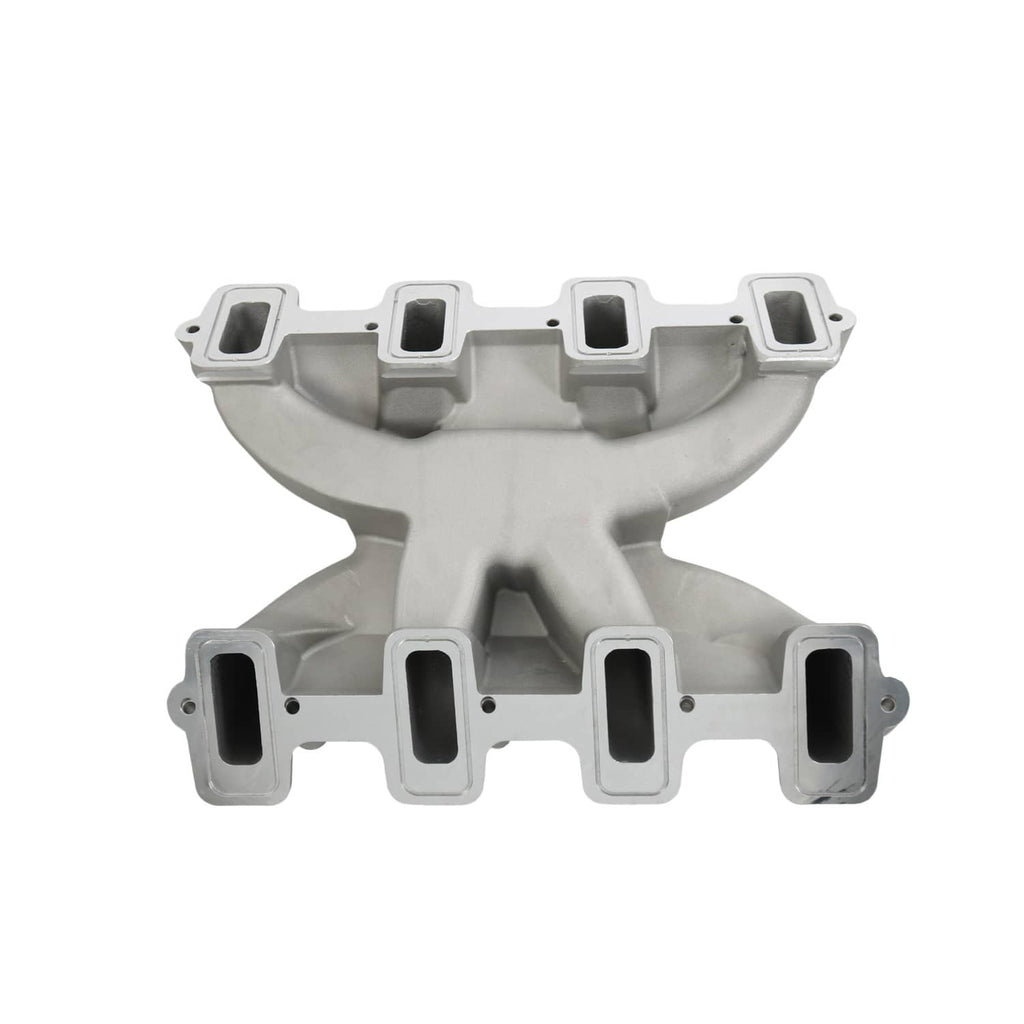 Dual plane intake manifold with open runner inlets and rectangular port openings