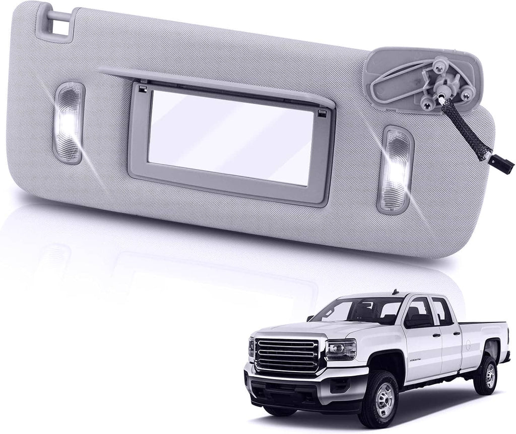Grey sun visor with rectangular mirror opening, two side LED light housings, and clips