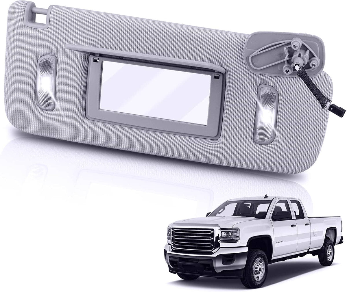 Grey sun visor with rectangular mirror opening, two side LED light housings, and clips