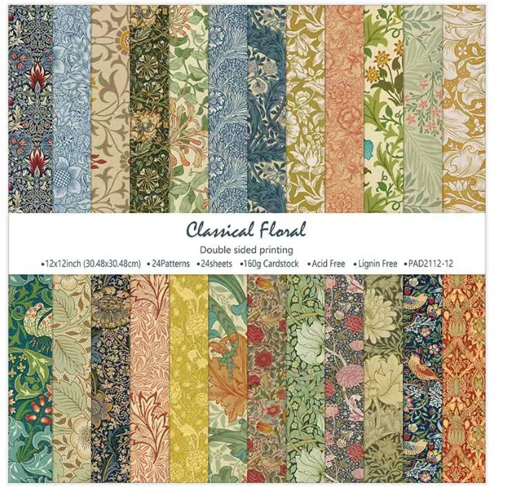 12x12 double-sided classical floral scrapbook paper pack design samples, 24 sheets.