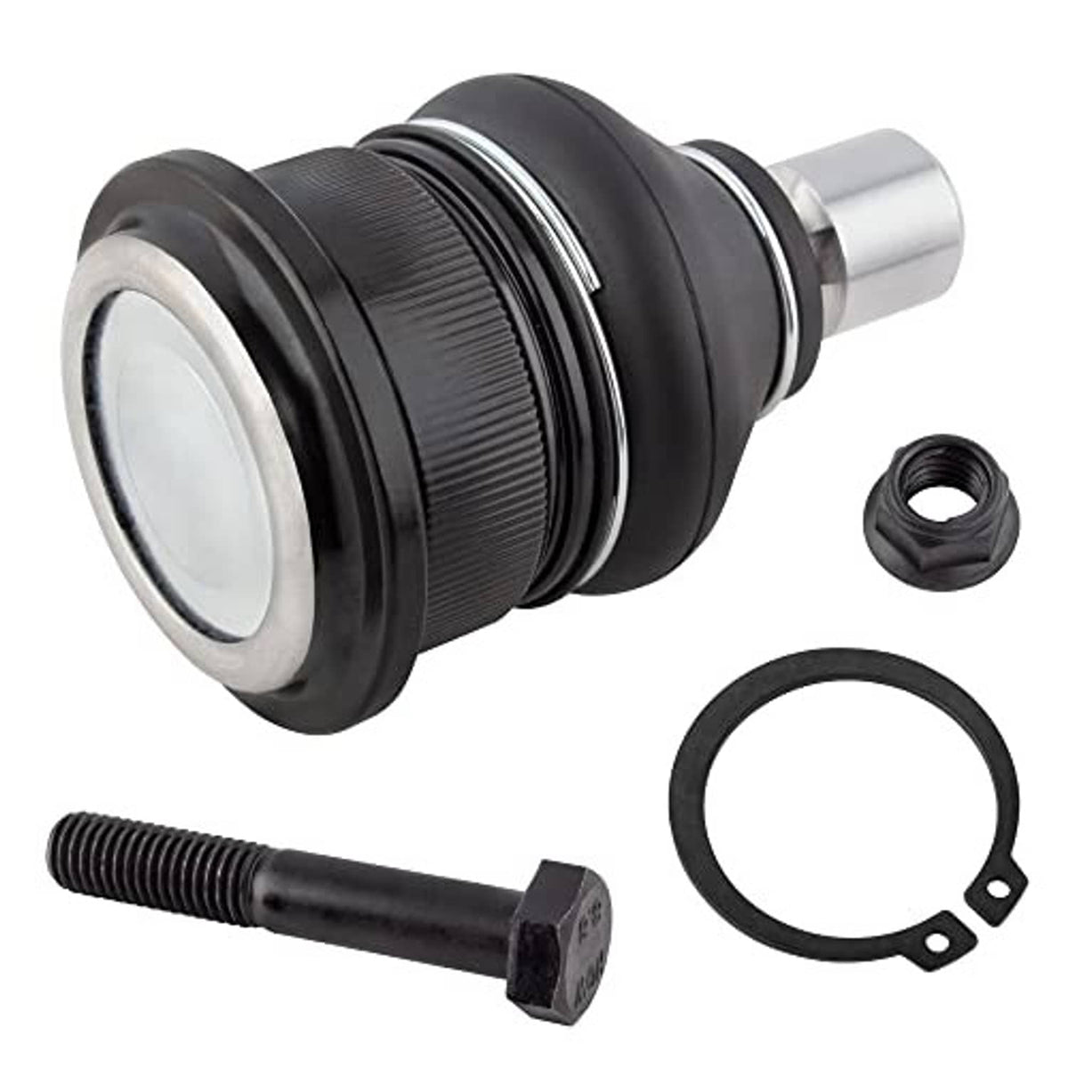 Upper ball joint with black rubber boot, metal rim, stud bolt, and O-ring