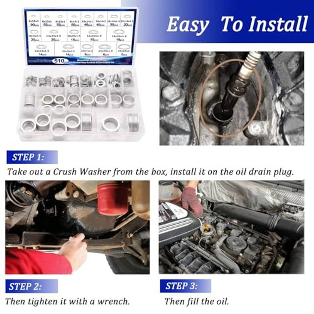 Crush washer set installation shown for oil drain plug, step-by-step wrench tightening