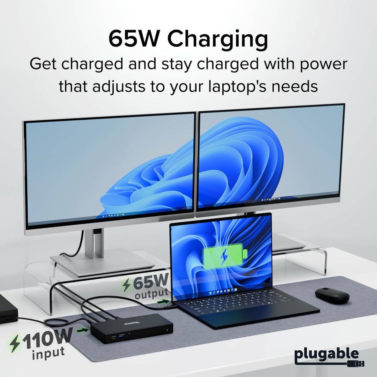 Black USB-C dual-monitor docking station with connected laptop and two displays