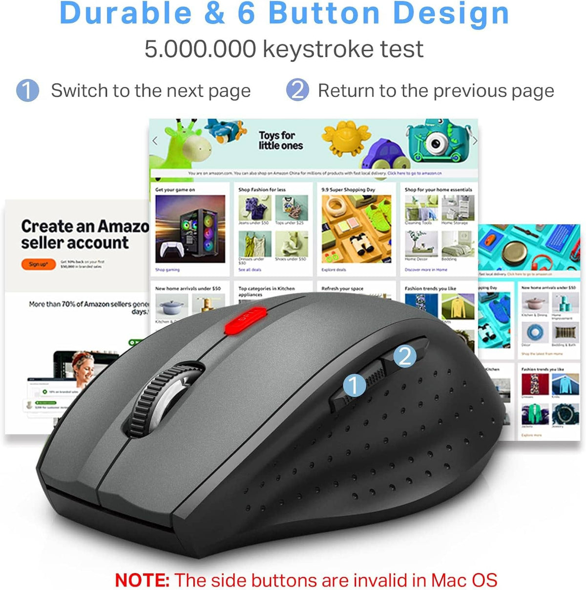 Gray wireless mouse with textured side buttons and contoured top surface
