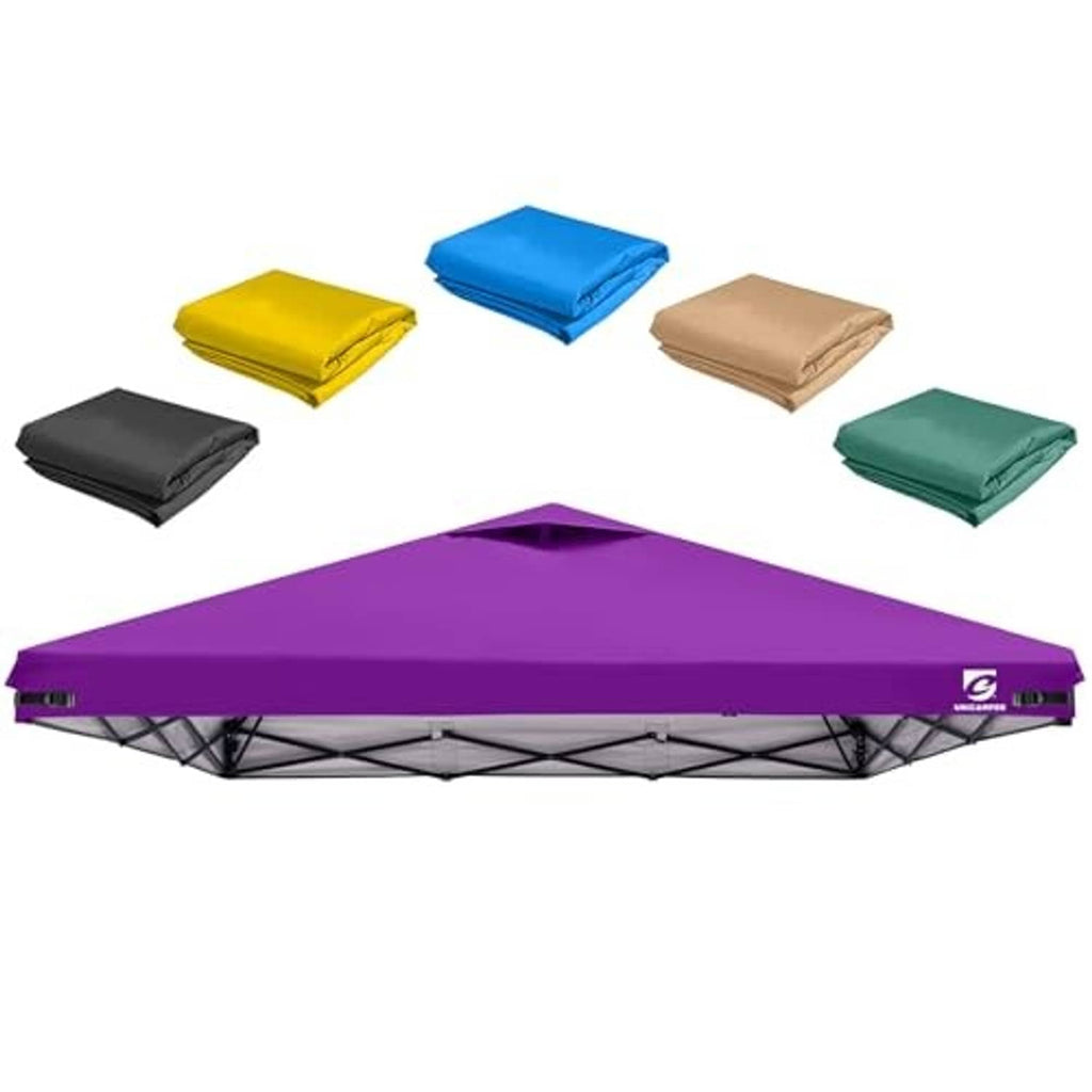 Purple canopy replacement top cover with air vent, pitched on a metal frame