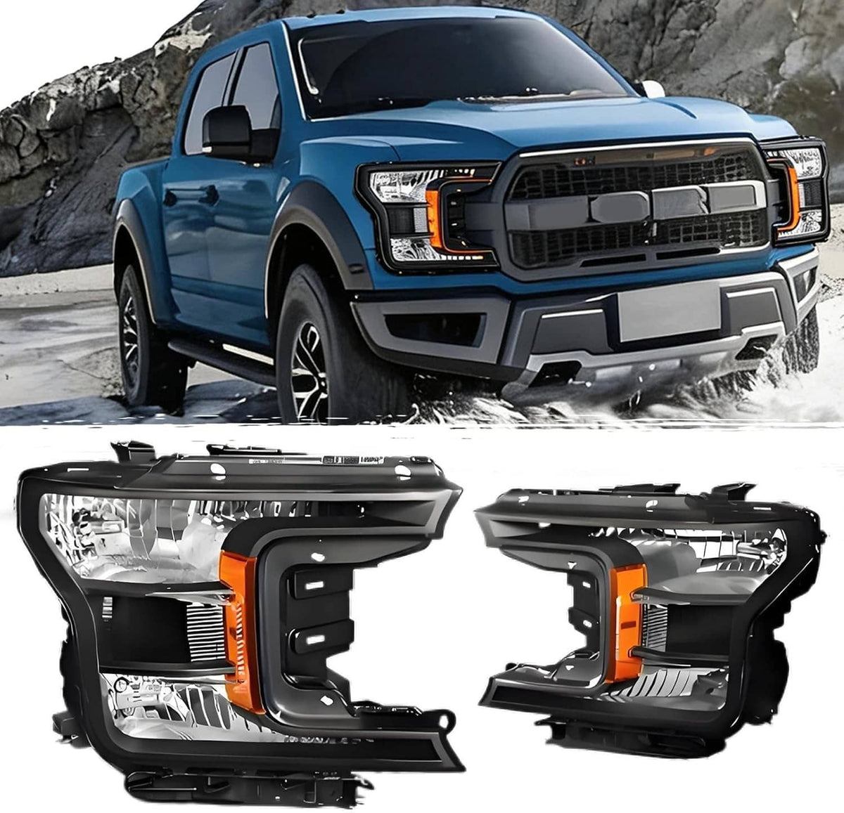 Pair of black and clear headlight assemblies with amber side markers