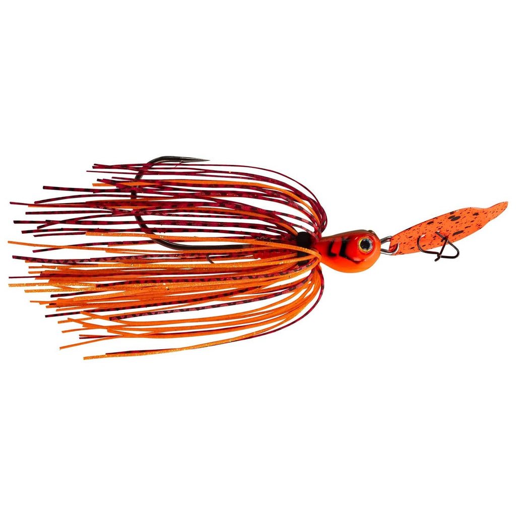 Orange fishing lure with red-striped skirt strands and angled orange head bait